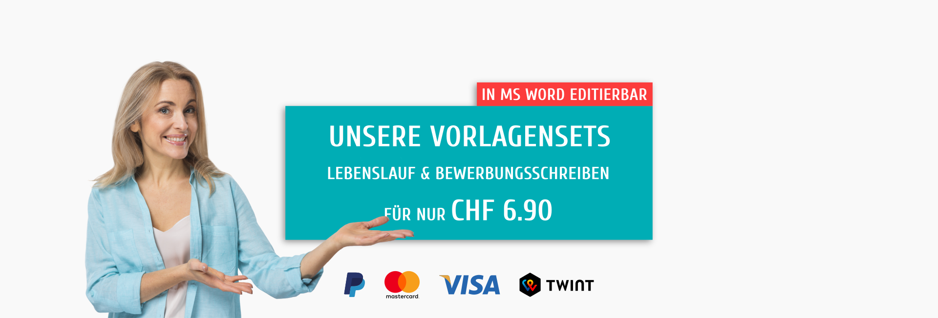 Bild von einer attraktiven, mittelalterlichen Frau, die mittels Gesten auf ein Angebot von downloadCV deutet.